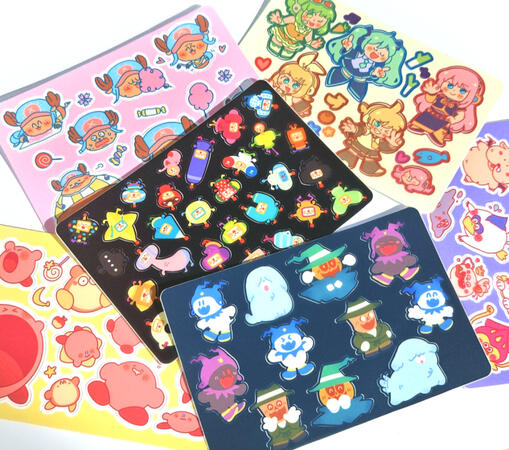 Kirby, Chopper, Katamari, Jack Frost, Vocaloid, and Dragon Quest themed sticker sheets.